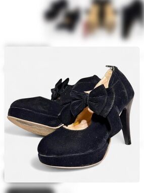 Black Suede Bow Platform Heels - Women